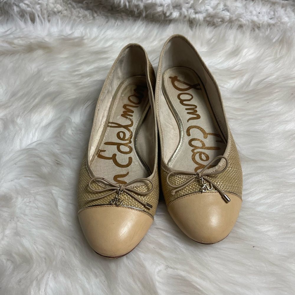 Sam Edelman leather tan and beige Rafia slip on flats bow accent size 8